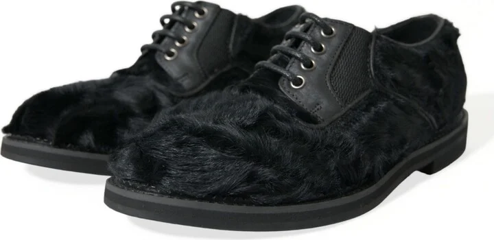 Black Fur Leather Lace Up Derby Dress Men's Shoes - Image 3