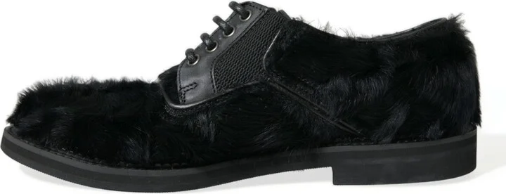 Black Fur Leather Lace Up Derby Dress Men's Shoes - Image 5