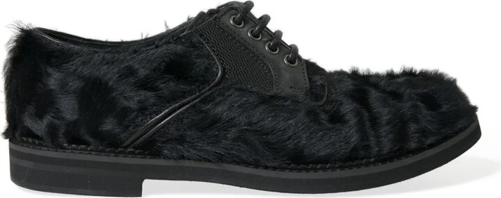 Black Fur Leather Lace Up Derby Dress Men's Shoes