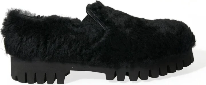 Black Fur Leather Slippers Dress Men's Shoes