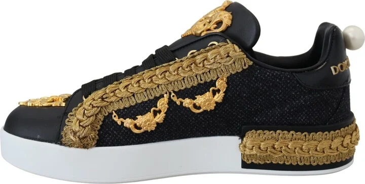 Black Gold Baroque Portofino Leather Sneakers Women's Shoes (Pre-Owned) - Image 4