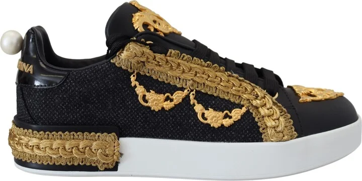 Black Gold Baroque Portofino Leather Sneakers Women's Shoes (Pre-Owned)