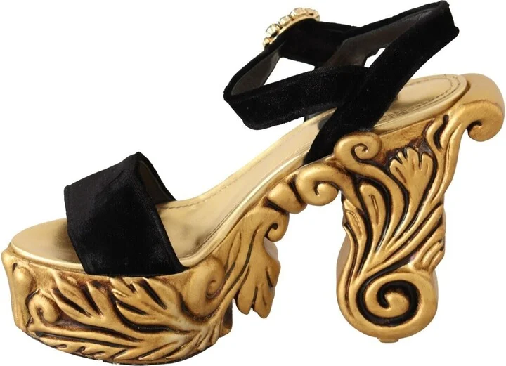 Black Gold Baroque Velvet Heels Crystal Women's Shoes - Image 2