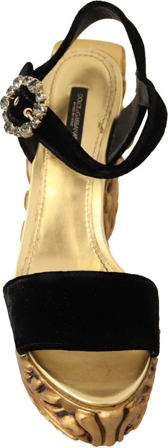 Black Gold Baroque Velvet Heels Crystal Women's Shoes - Image 3
