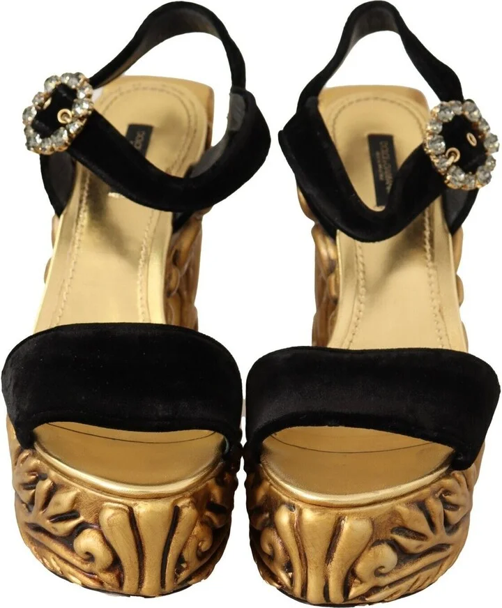 Black Gold Baroque Velvet Heels Crystal Women's Shoes - Image 4