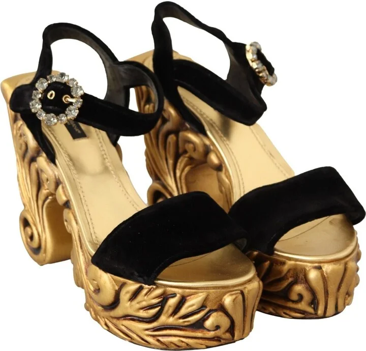 Black Gold Baroque Velvet Heels Crystal Women's Shoes - Image 5
