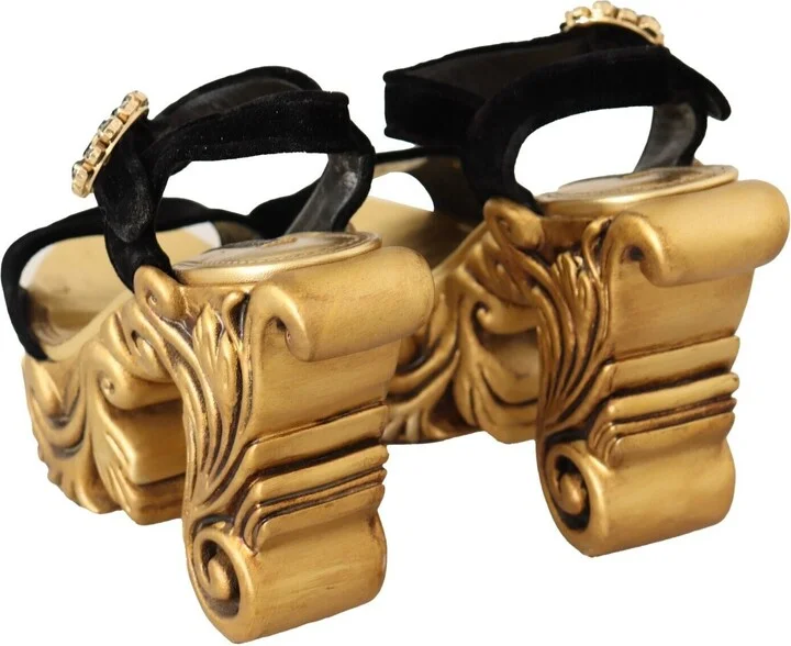 Black Gold Baroque Velvet Heels Crystal Women's Shoes - Image 6