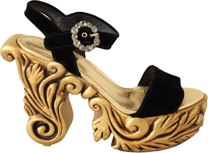 Black Gold Baroque Velvet Heels Crystal Women's Shoes