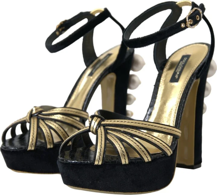 Black Gold Embellished Heels Sandals Women's Shoes - Image 3