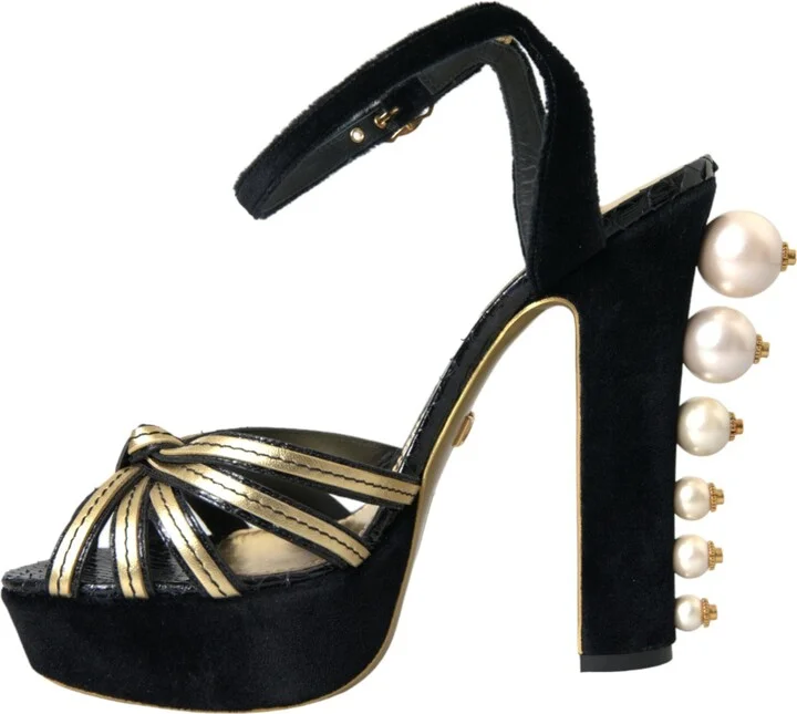 Black Gold Embellished Heels Sandals Women's Shoes - Image 5