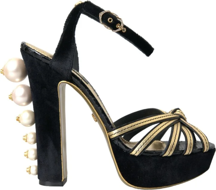 Black Gold Embellished Heels Sandals Women's Shoes