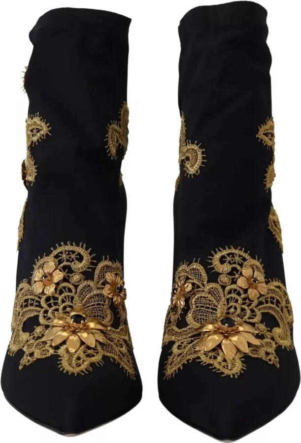 Black Gold Embroidery Slip On Boots Women's Shoes (Pre-Owned) - Image 2