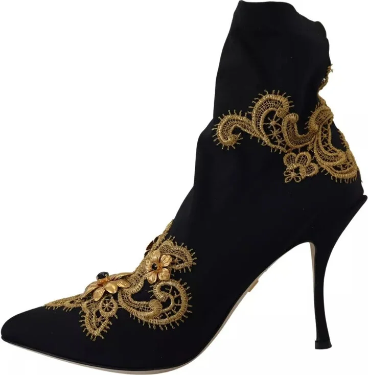 Black Gold Embroidery Slip On Boots Women's Shoes (Pre-Owned) - Image 3
