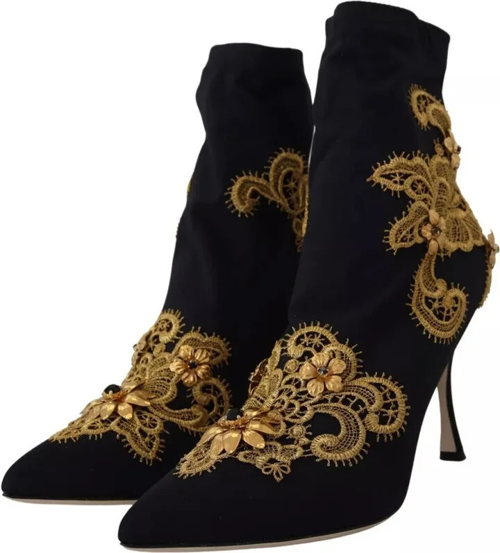 Black Gold Embroidery Slip On Boots Women's Shoes (Pre-Owned) - Image 4