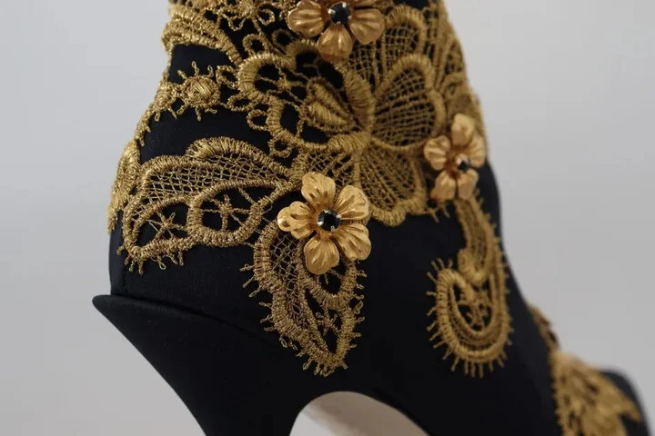 Black Gold Embroidery Slip On Boots Women's Shoes (Pre-Owned) - Image 5