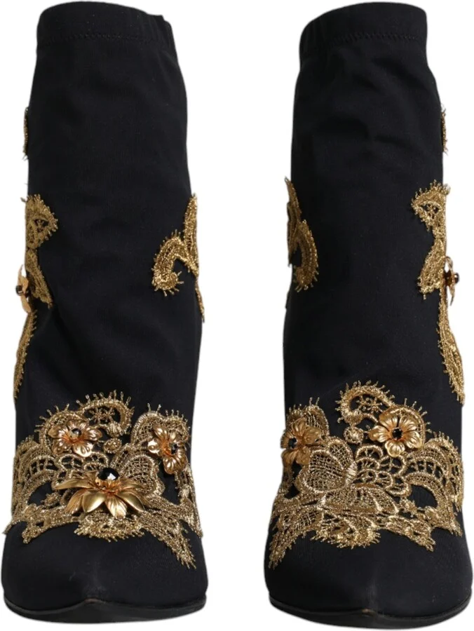 Black Gold Embroidery Slip On Boots Women's Shoes (Pre-Owned) - Image 2