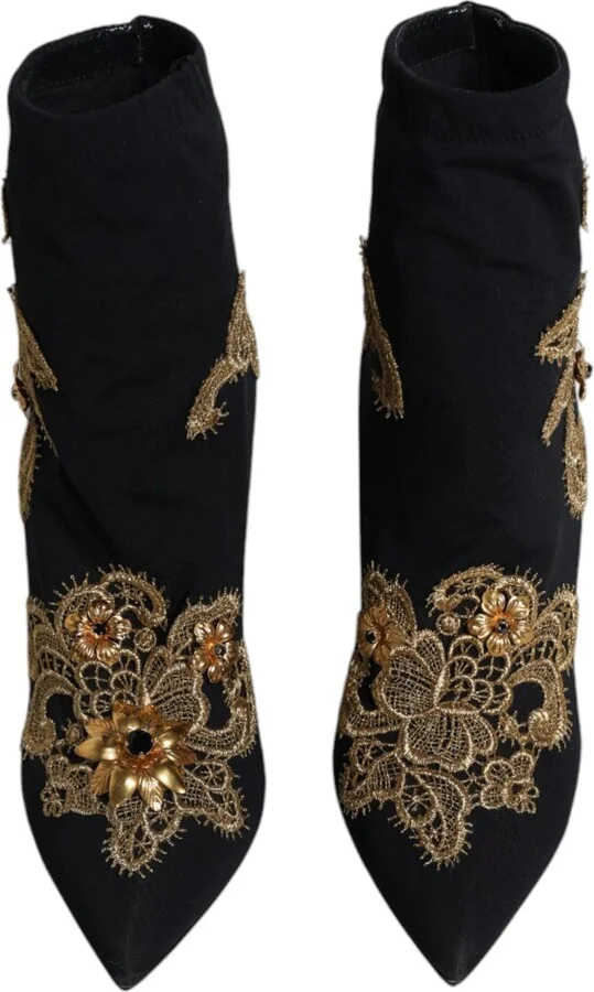 Black Gold Embroidery Slip On Boots Women's Shoes (Pre-Owned) - Image 3