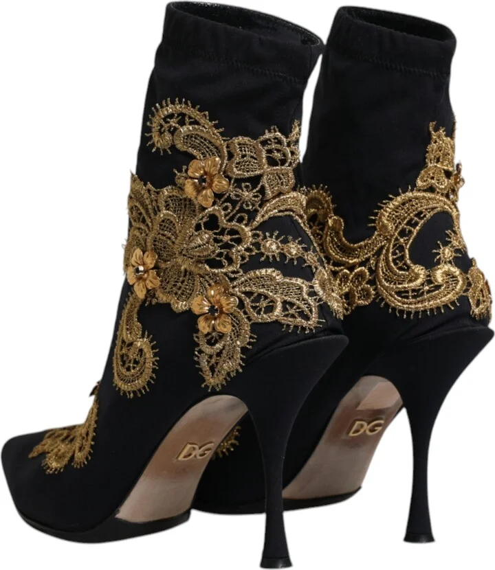 Black Gold Embroidery Slip On Boots Women's Shoes (Pre-Owned) - Image 5