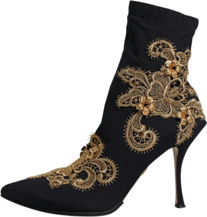 Black Gold Embroidery Slip On Boots Women's Shoes (Pre-Owned) - Image 6