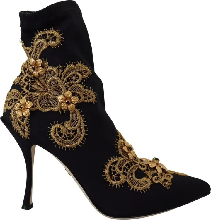 Black Gold Embroidery Slip On Boots Women's Shoes (Pre-Owned)