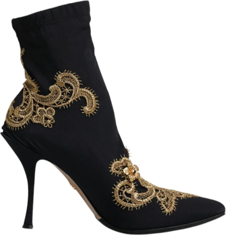 Black Gold Embroidery Slip On Boots Women's Shoes (Pre-Owned)