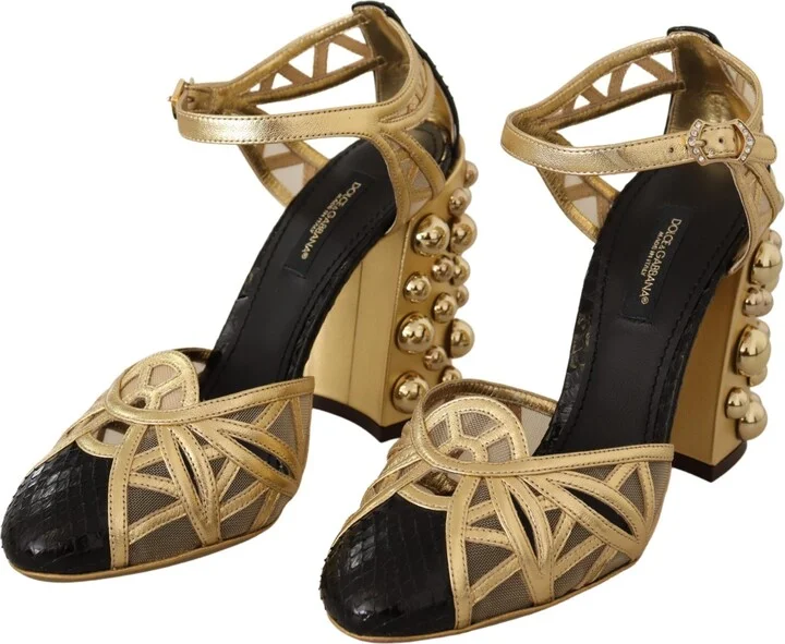 Black Gold Leather Studded Ankle Straps Women's Shoes - Image 2