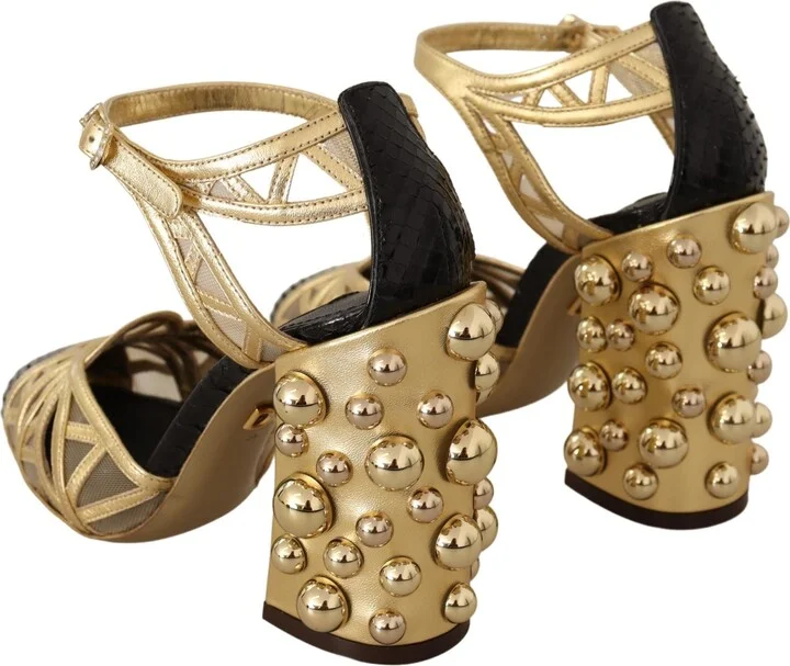 Black Gold Leather Studded Ankle Straps Women's Shoes - Image 3