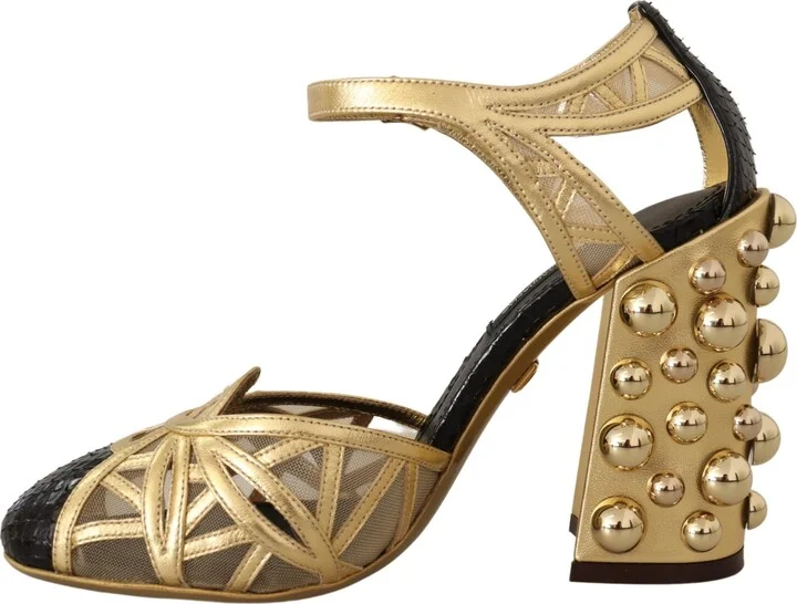 Black Gold Leather Studded Ankle Straps Women's Shoes - Image 4