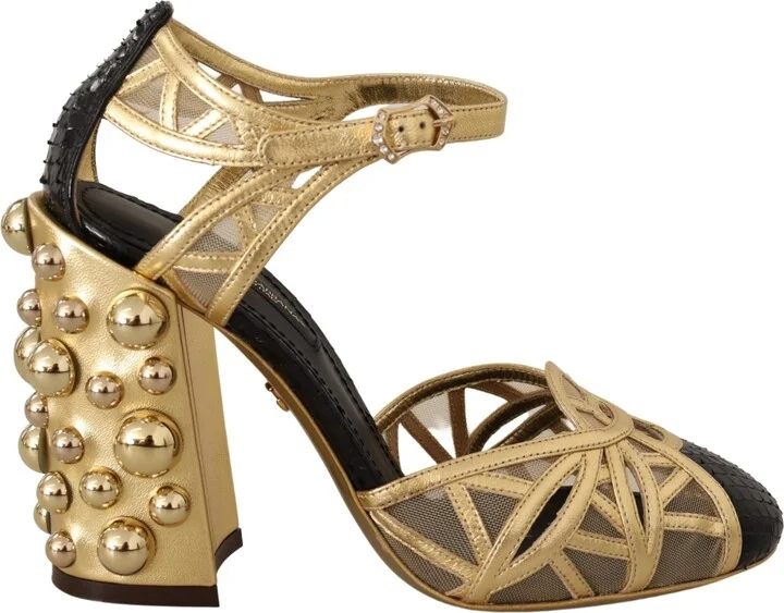 Black Gold Leather Studded Ankle Straps Women's Shoes