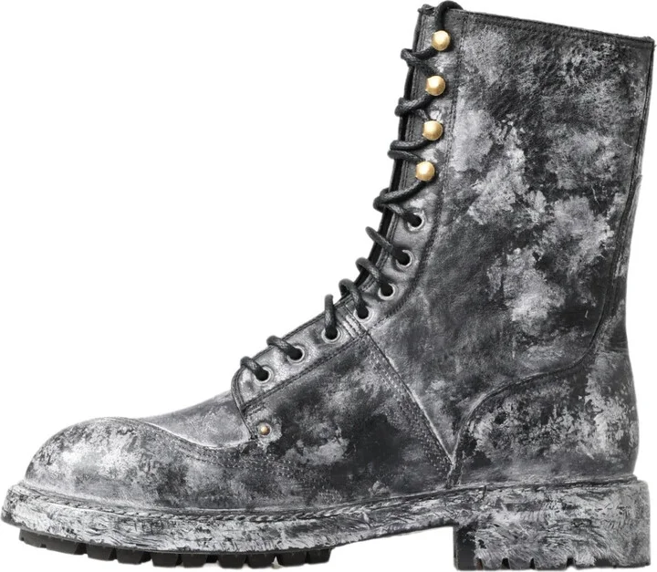 Black Gray Leather Mid Calf Boots Men's Shoes - Image 2