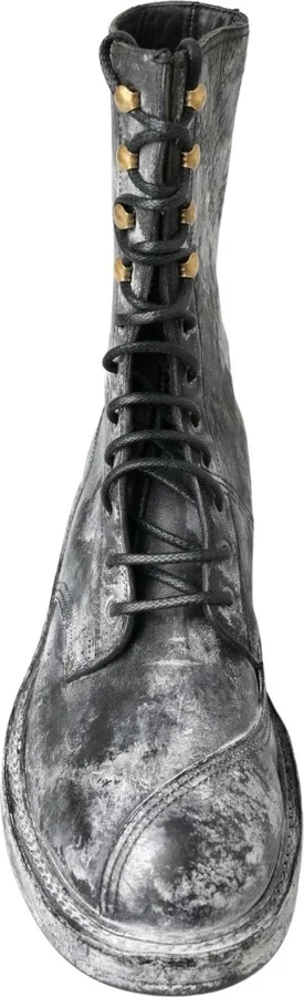 Black Gray Leather Mid Calf Boots Men's Shoes - Image 4