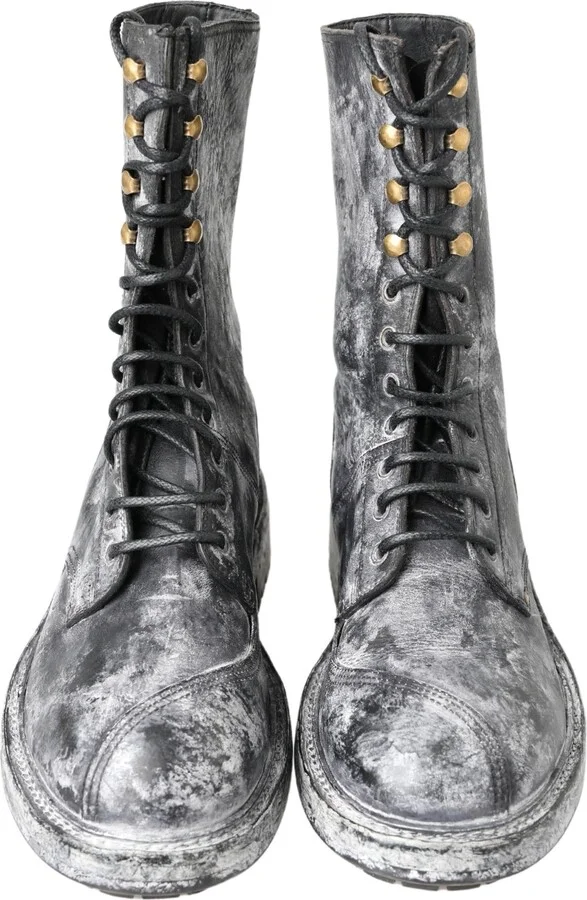 Black Gray Leather Mid Calf Boots Men's Shoes - Image 5