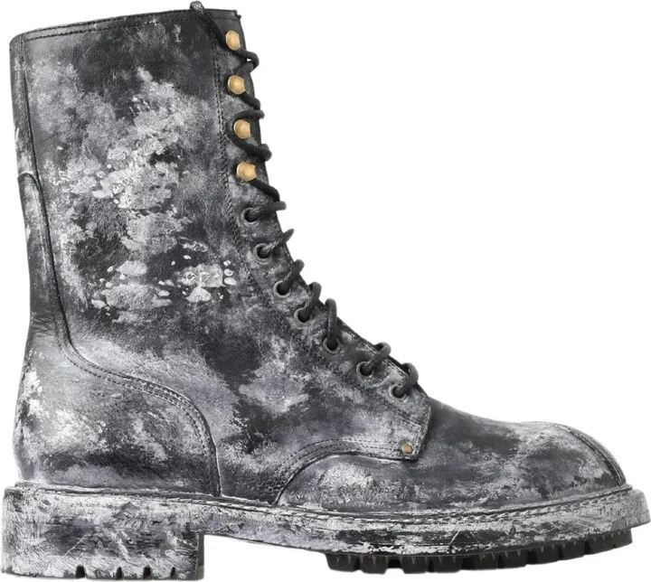 Black Gray Leather Mid Calf Boots Men's Shoes