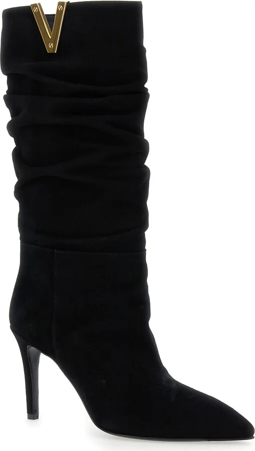 Black Heeled And V-detail Boots In Suede Woman - Image 2