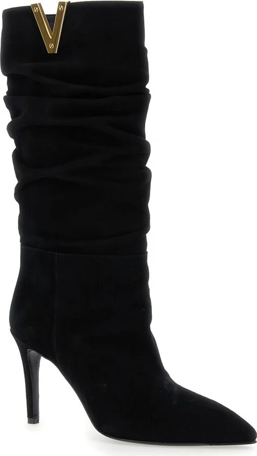 Black Heeled And V-Detail Boots In Suede Woman - Image 2
