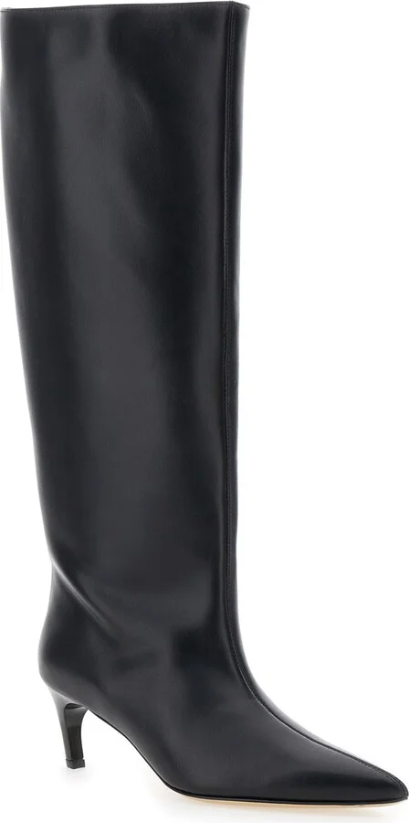 Black High Boots With Pointed Toe And Low Heel In Leather Woman - Image 2