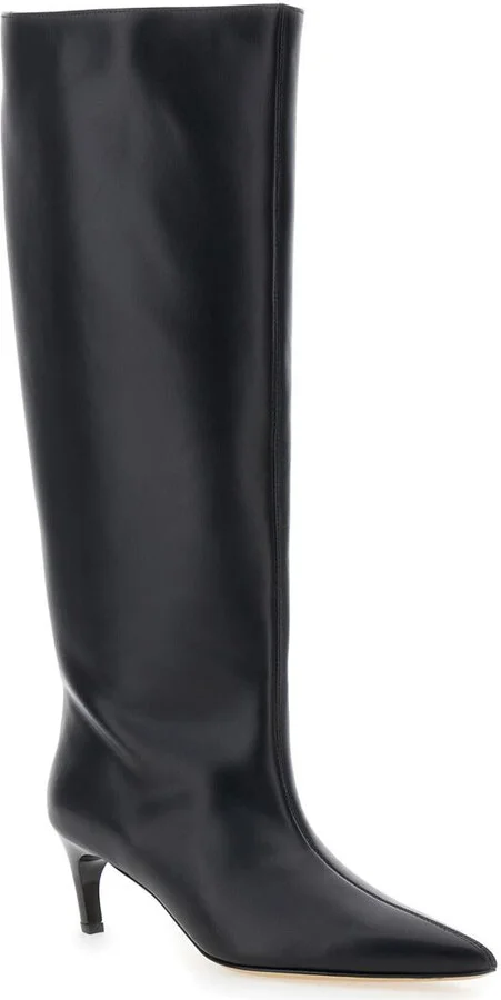 Black High Boots With Pointed Toe And Low Heel In Leather Woman - Image 2