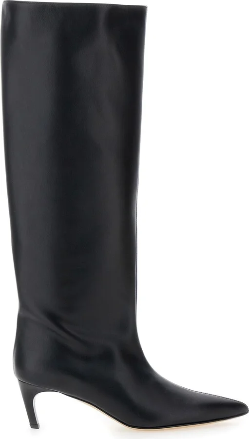 Black High Boots With Pointed Toe And Low Heel In Leather Woman