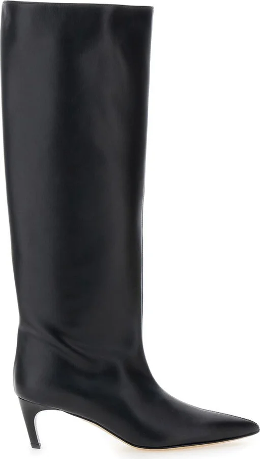 Black High Boots With Pointed Toe And Low Heel In Leather Woman