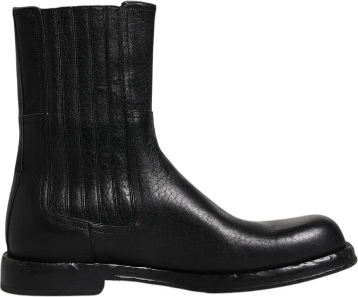 Black Horse Leather Mid Calf Boots Men's Shoes