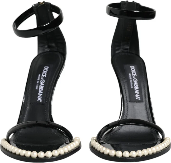 Black Keira Leather Faux Pearl Sandals Heels Women's Shoes (Pre-Owned) - Image 2