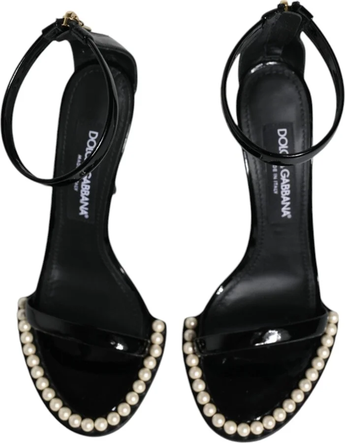 Black Keira Leather Faux Pearl Sandals Heels Women's Shoes (Pre-Owned) - Image 3