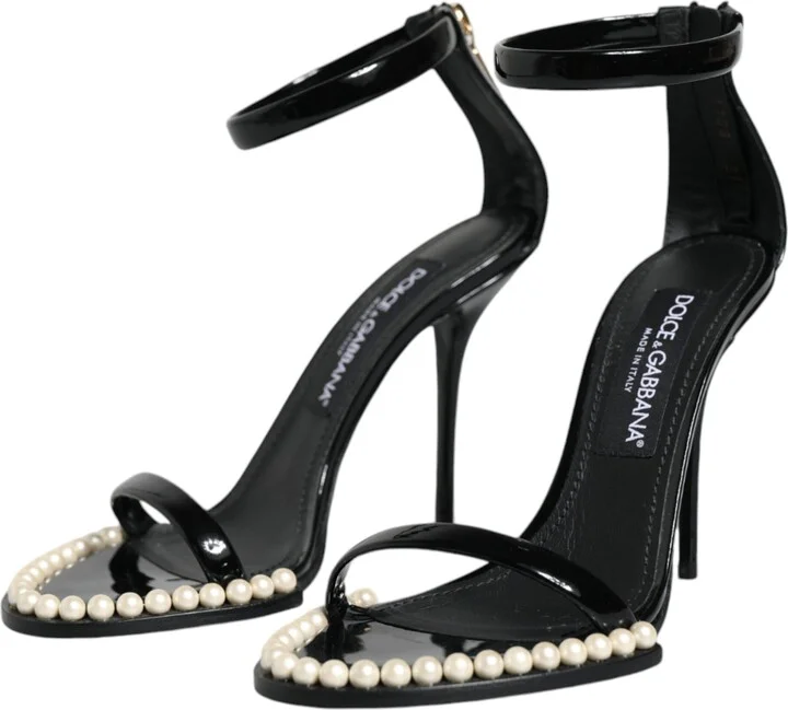 Black Keira Leather Faux Pearl Sandals Heels Women's Shoes (Pre-Owned) - Image 4