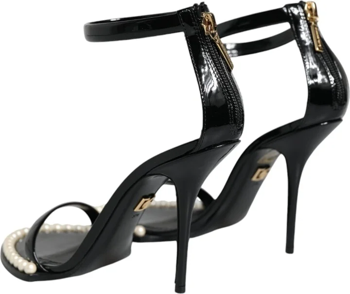 Black Keira Leather Faux Pearl Sandals Heels Women's Shoes (Pre-Owned) - Image 5