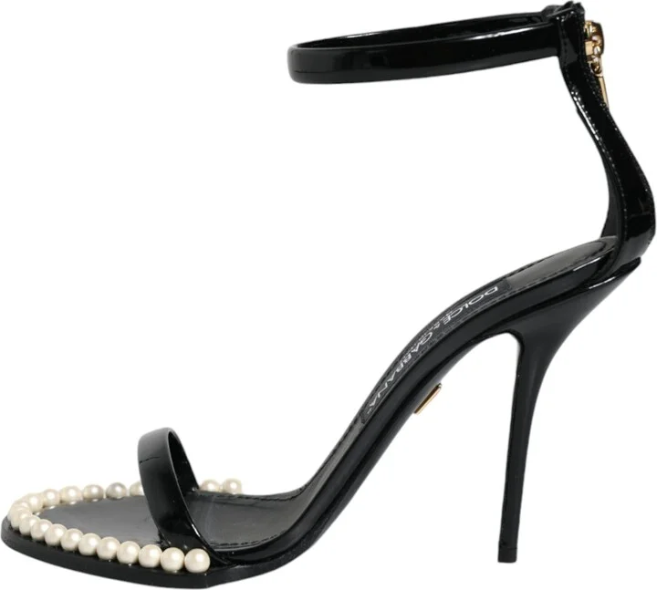 Black Keira Leather Faux Pearl Sandals Heels Women's Shoes (Pre-Owned) - Image 6
