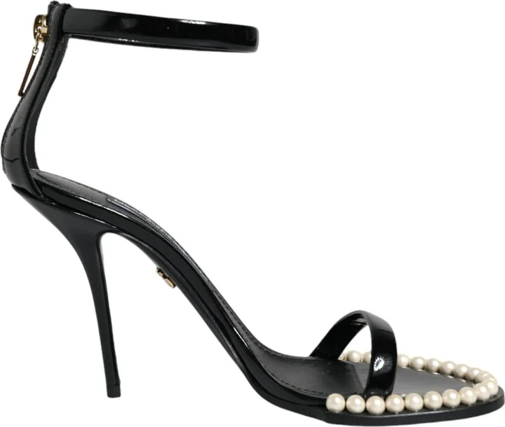 Black Keira Leather Faux Pearl Sandals Heels Women's Shoes (Pre-Owned)