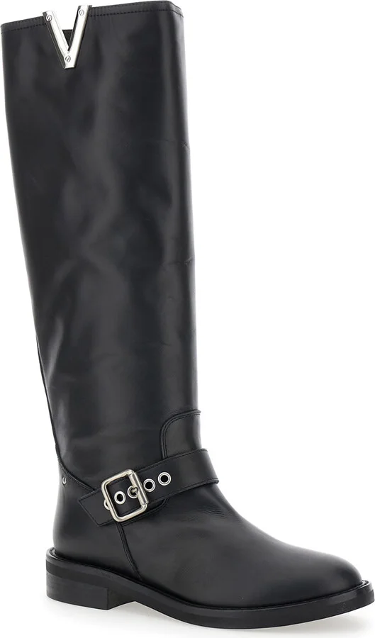 Black Knee Boots With V-lateral Detailing In Leather Woman - Image 2