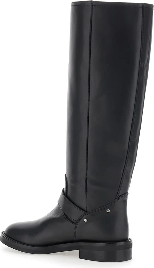 Black Knee Boots With V-lateral Detailing In Leather Woman - Image 3