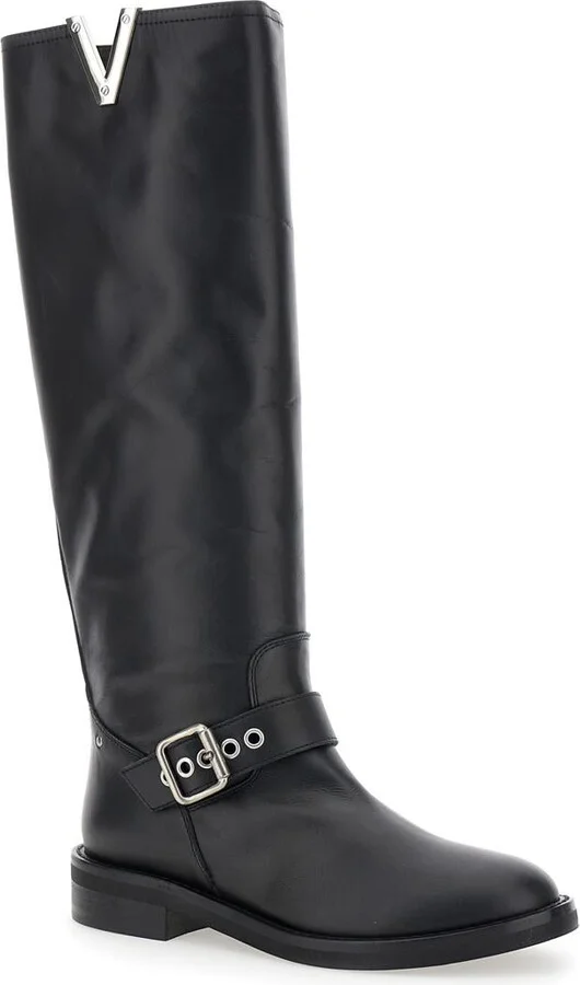 Black Knee Boots With V-Lateral Detailing In Leather Woman - Image 2