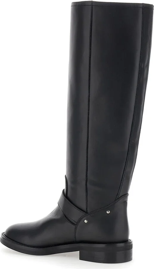 Black Knee Boots With V-Lateral Detailing In Leather Woman - Image 3
